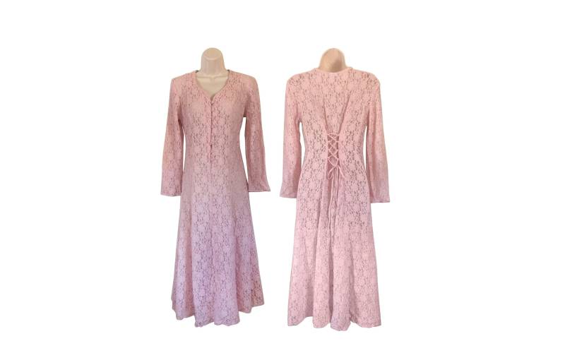 Vintage 1990Er Jahre Hübsches Rosa Durchsichtiges Spitzenkleid Mit Korsett Zurück | Damen Größe 6 von ShineBrightVintage
