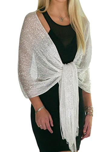 ShineGlitz Schals und Wraps für Abendkleider, Damenschals und Wraps, elegante Schals und Wraps für Abendgarderobe, Weiß Metallic, Einheitsgröße von ShineGlitz