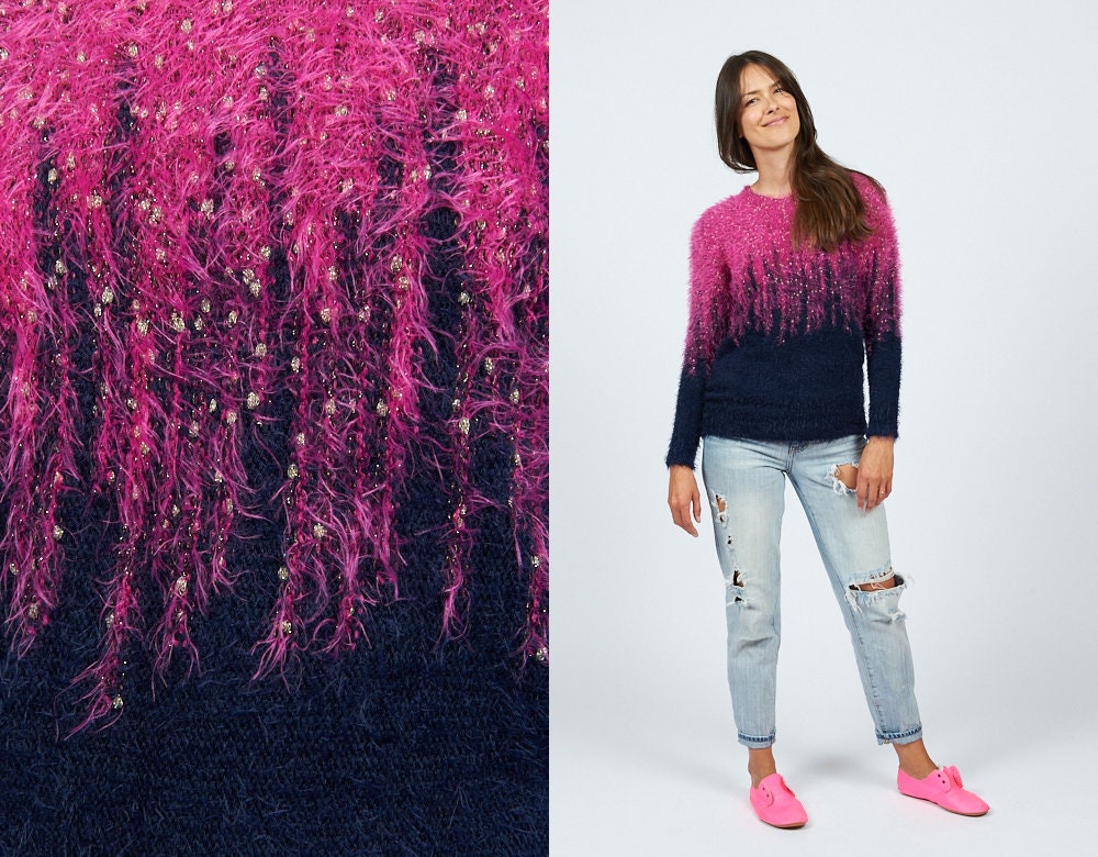 Vintage 80Er Jahre Weiche Fuzzy Stricken Rosa Und Blauen Pullover Klein von ShineOnVtg