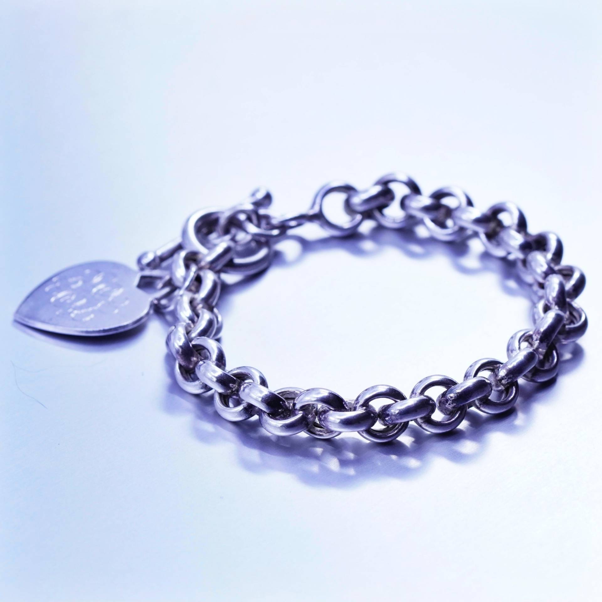 6, 5", 8mm, Vintage Sterling Silber Handgemachtes Armband, 925 Fette Kreiskette Mit Monogramm "Bel" Herz Anhänger, Gestempelt von ShineOnceMore