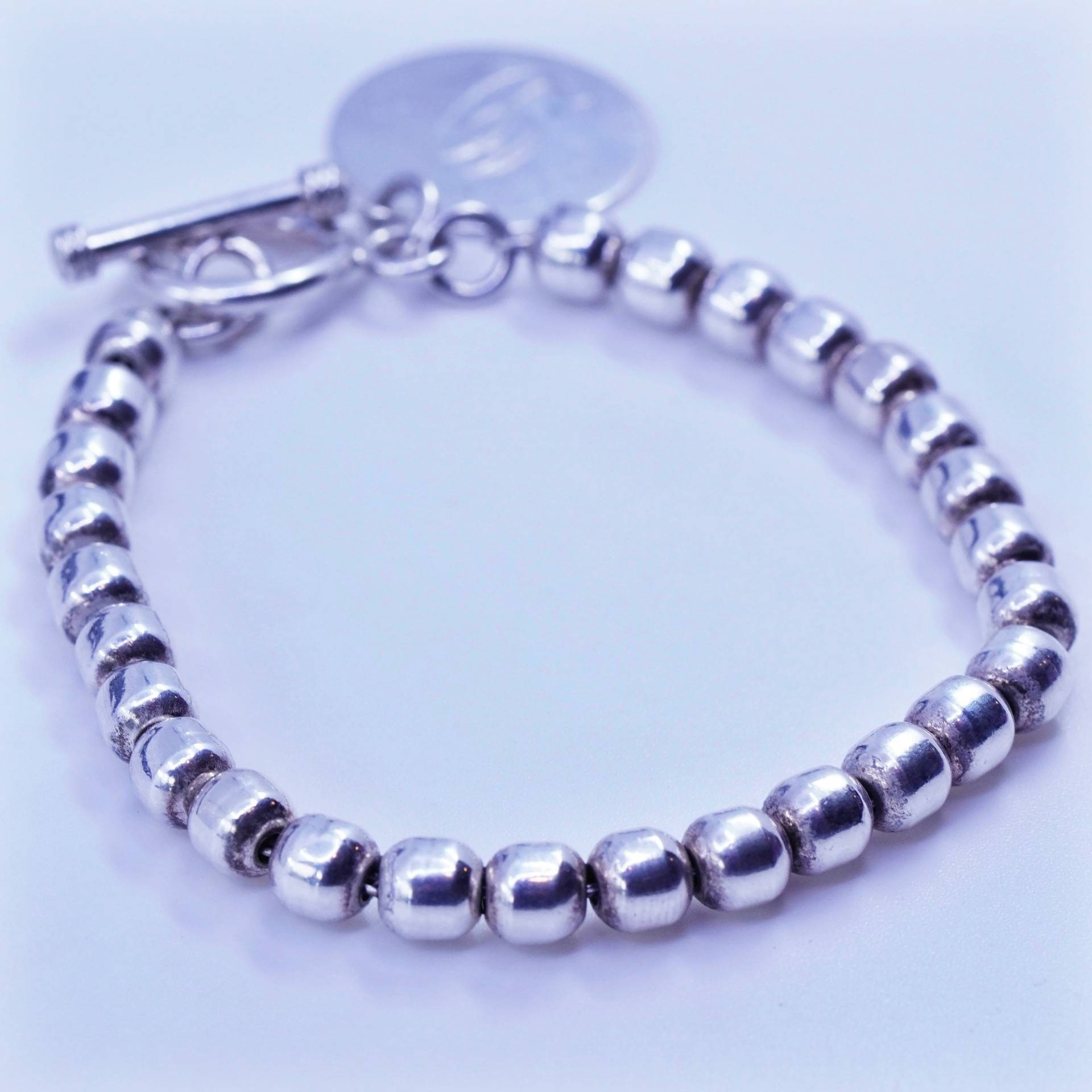 7.25" 6mm, Vintage Sterling 925 Silber Handgemachtes Kräftiges Perlenarmband Mit Charm Initiale "D", Gestempelt von ShineOnceMore