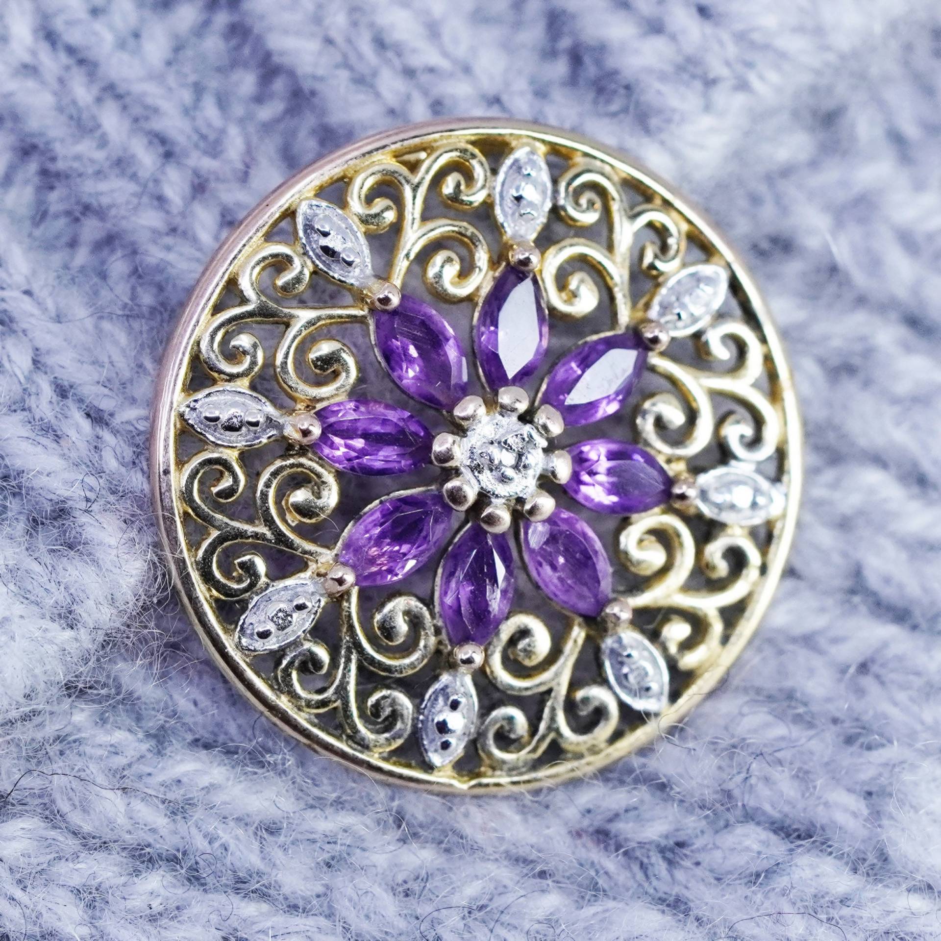 Antik Paj Vermeil Gold Über Sterling 925 Silber Blumen Anhänger Mit Amethyst Und Diamant, Gestempelt von ShineOnceMore