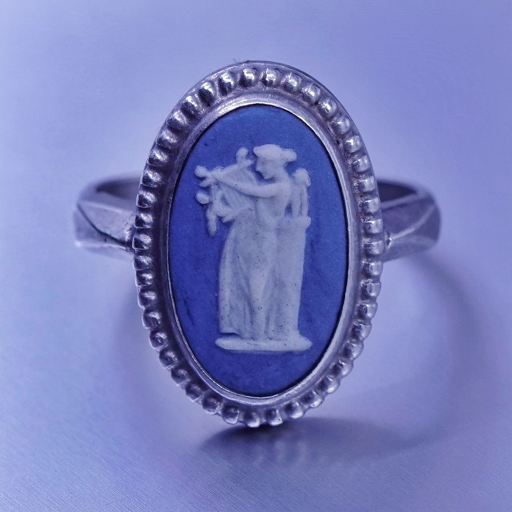 Größe 6, Wedgwood England Sterling 925 Silber Handarbeit Ring Mit Blauer Kamee Jaspis Mädchen, Gestempelt von ShineOnceMore