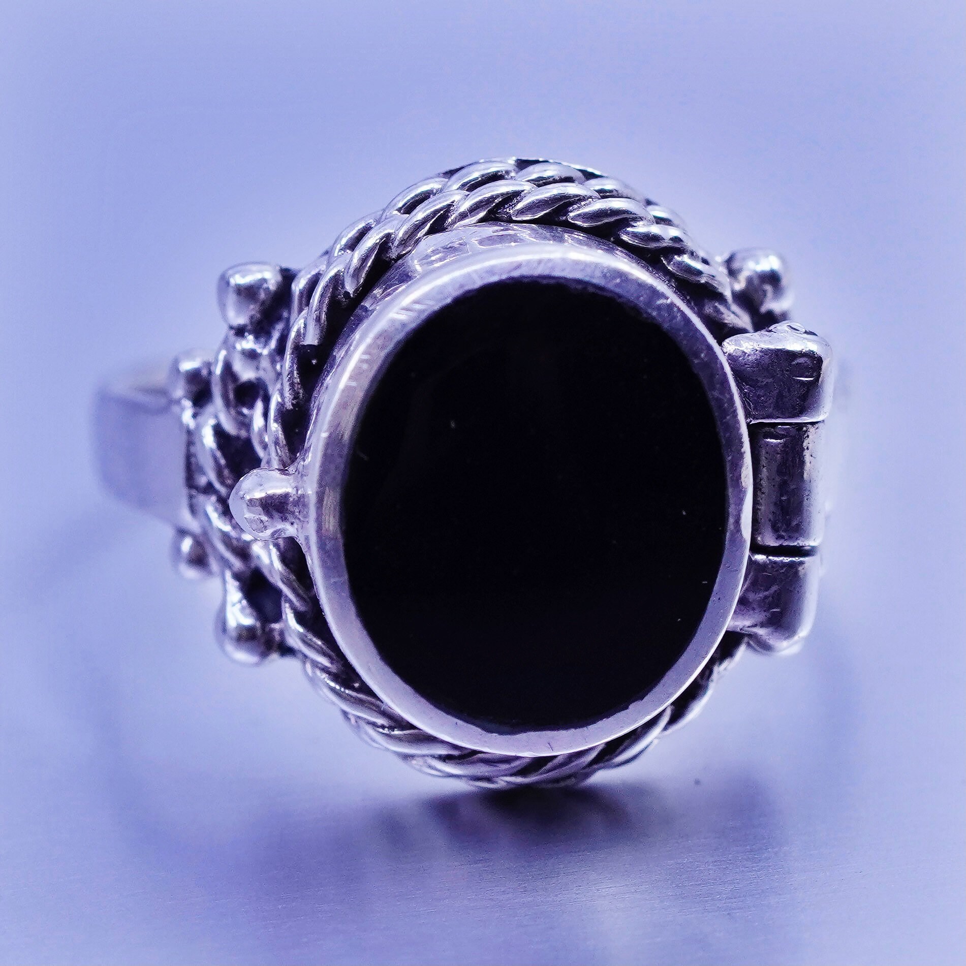 Größe 7, Vintage Sterling 925 Silber Handarbeit Gebetsmedaillon Ring Mit Obsidian, Gestempelt von ShineOnceMore