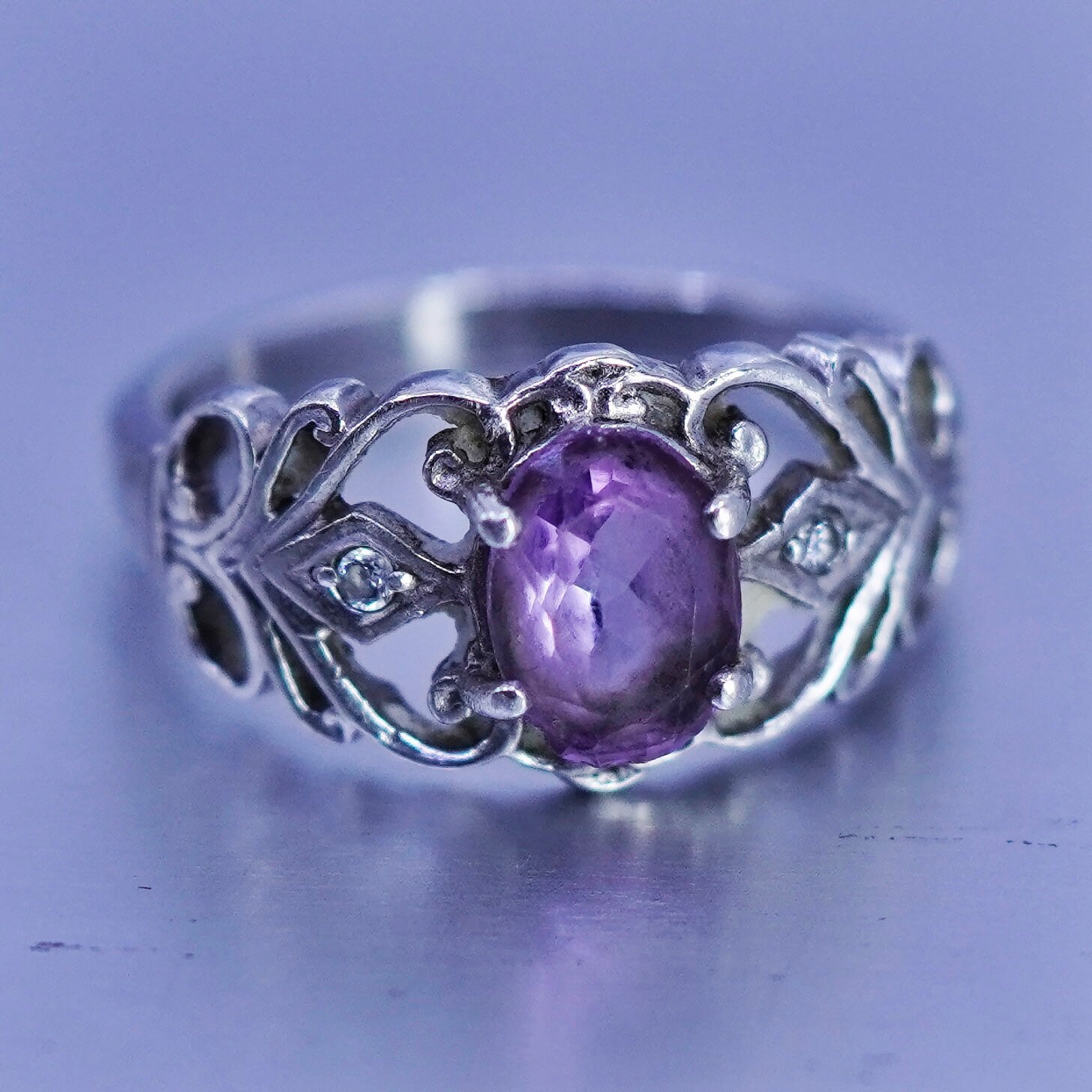 Größe 7, Vintage Sterling 925 Silber Handarbeit Ring Mit Amethyst Und Cluster Cz, Gestempelt von ShineOnceMore