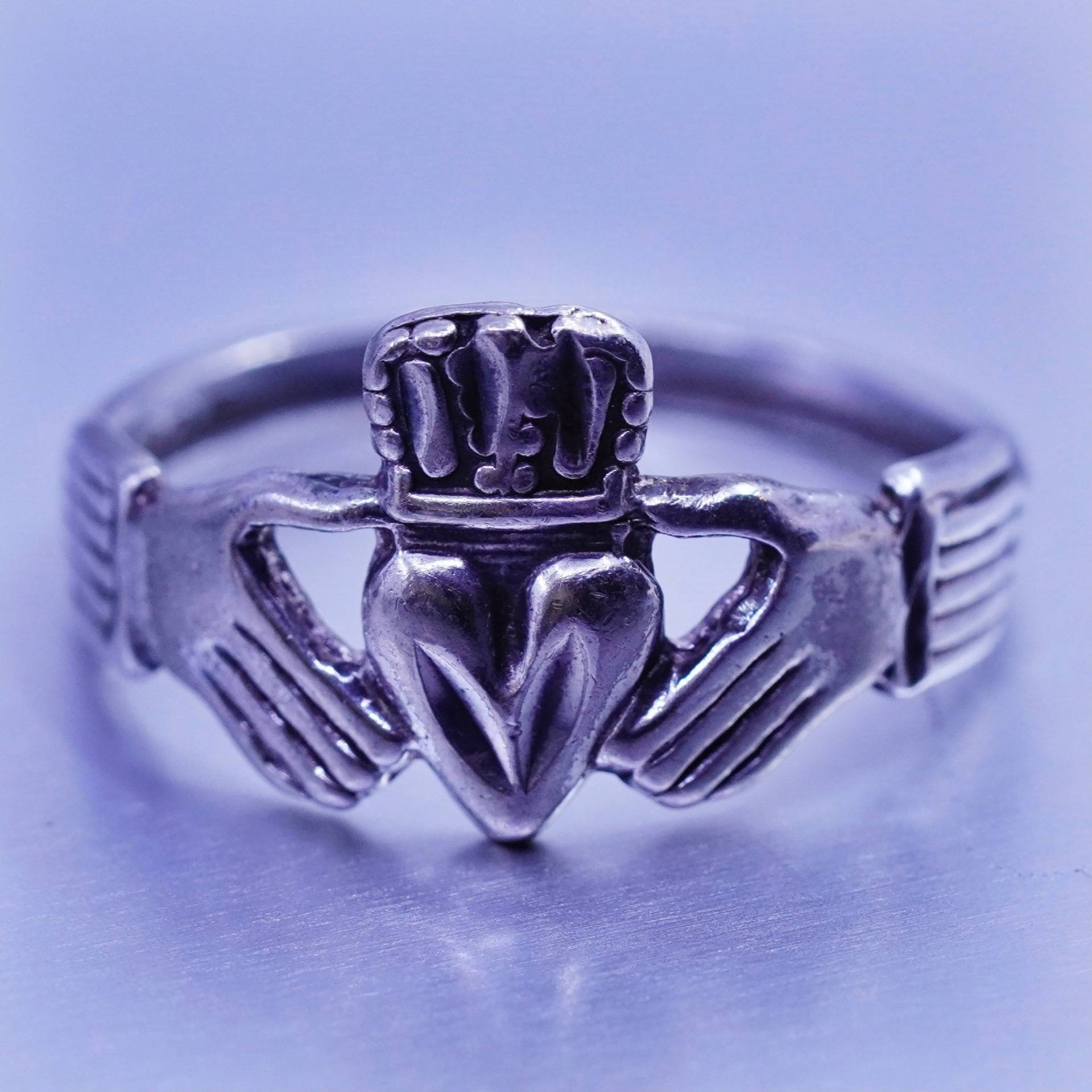 Größe 7.25, Vintage Irish Claddagh Freundschaft Sterling 925 Silber Ring, Hand Haltend Herz Band, Gestempelt von ShineOnceMore