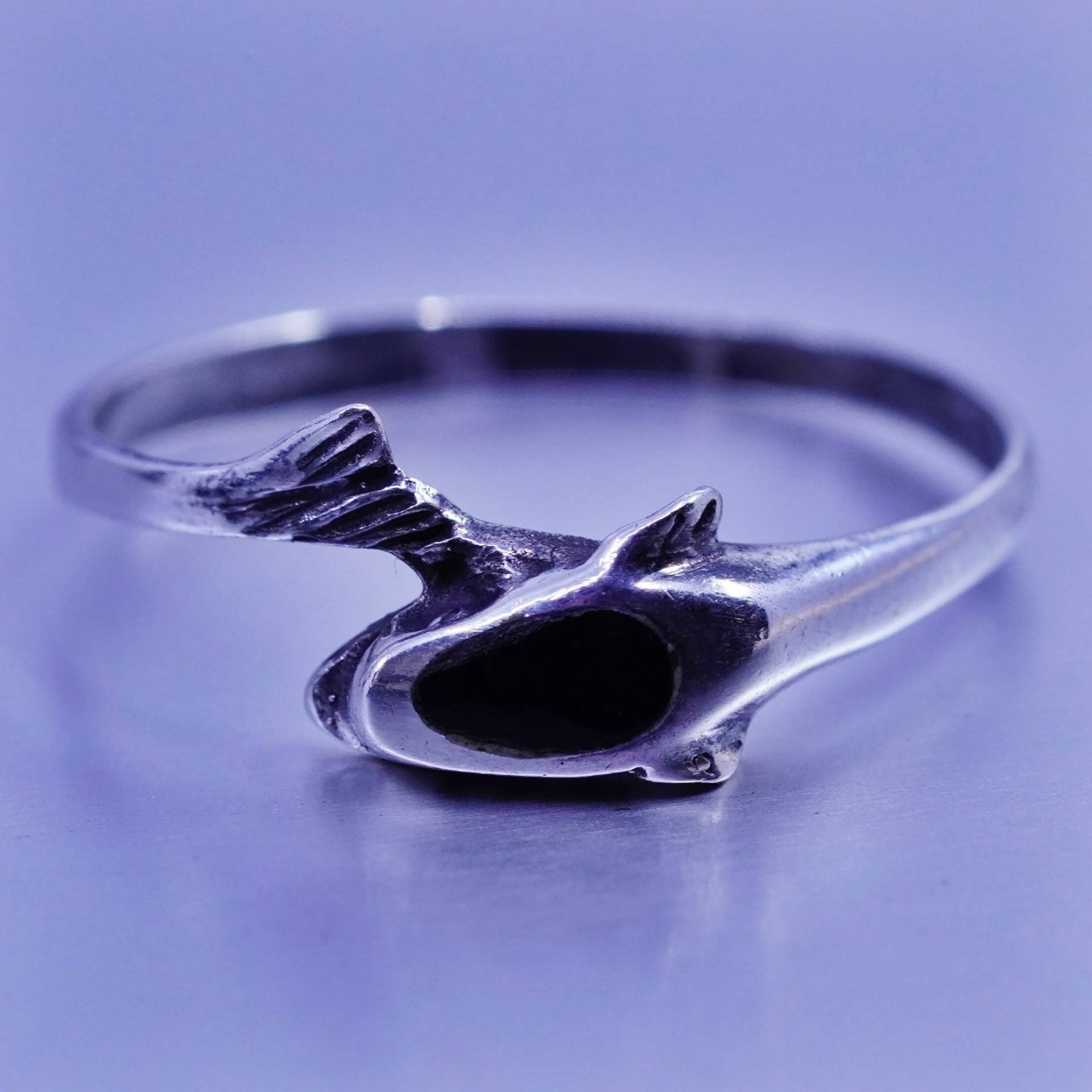 Größe 8, Vintage Moderner Sterling 925 Silber Handgemachter Delfin Ring Mit Obsidian, Gestempelt von ShineOnceMore