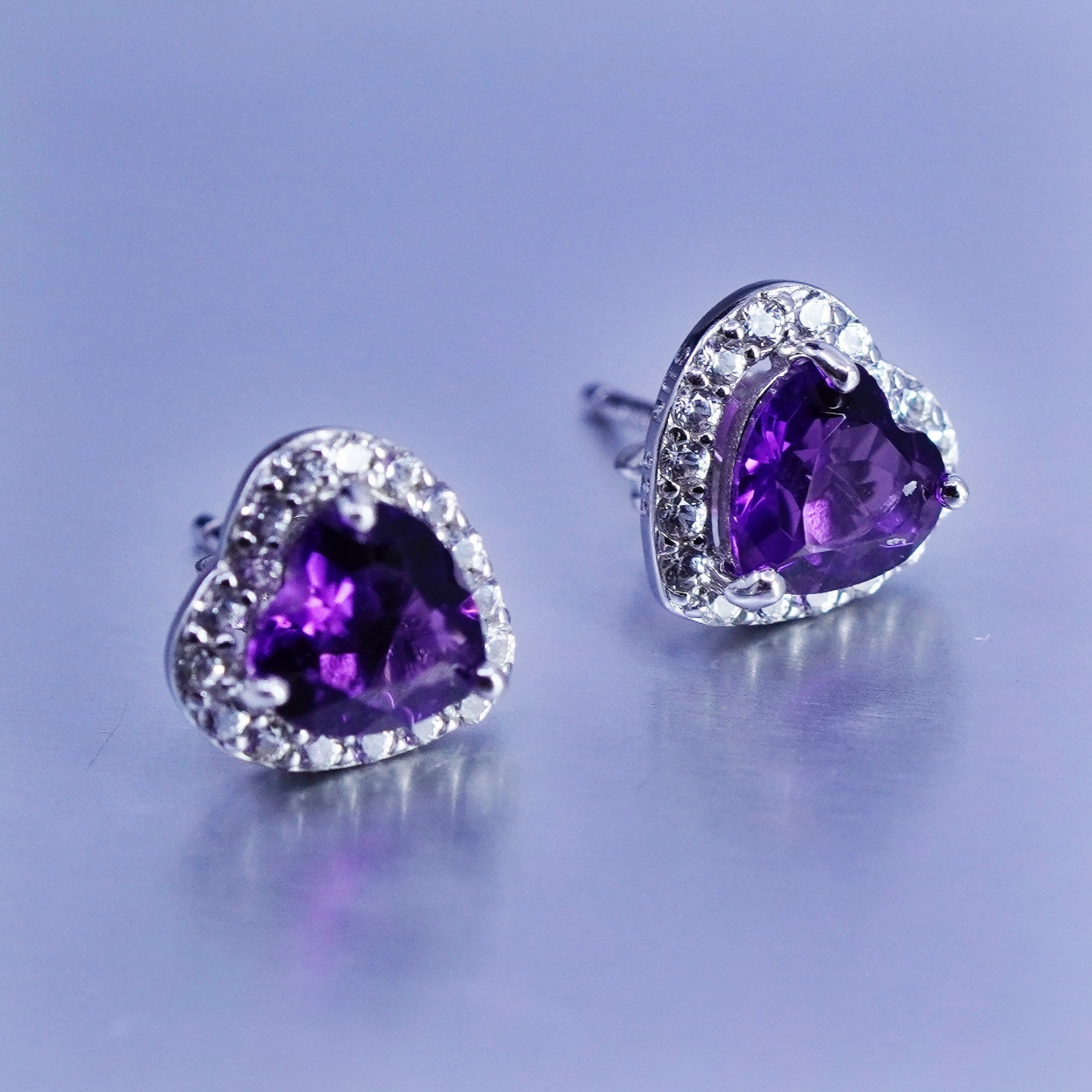 Vintage Sterling 925 Silber Ohrringe, Ohrstecker Mit Herz Amethyst Und Cz Rund, Gestempelt von ShineOnceMore