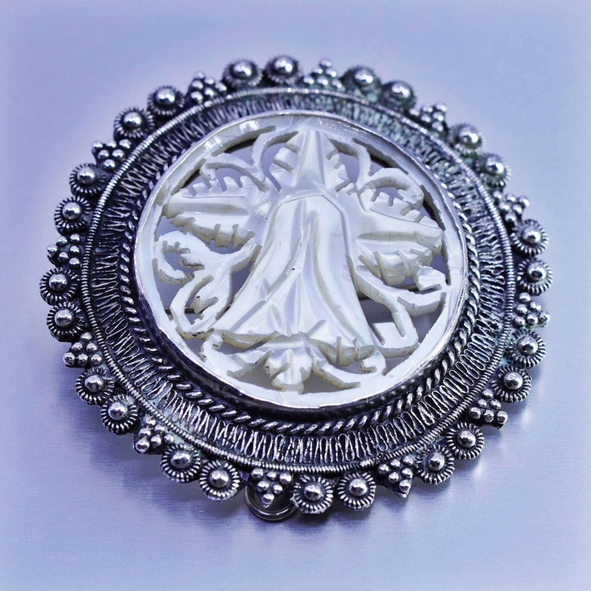 Vintage Sterling Silber Handgemachte Brosche, Jerusalem 925 Filigrane Anstecknadel Mit Perlmutt Blume, Gestempelt von ShineOnceMore