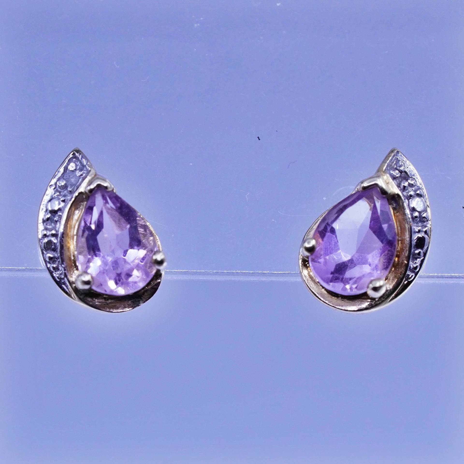 Vintage Vermeil Vergoldete Sterling 925 Silber Ohrringe, Ohrstecker Mit Amethyst Diamant, Gestempelt von ShineOnceMore