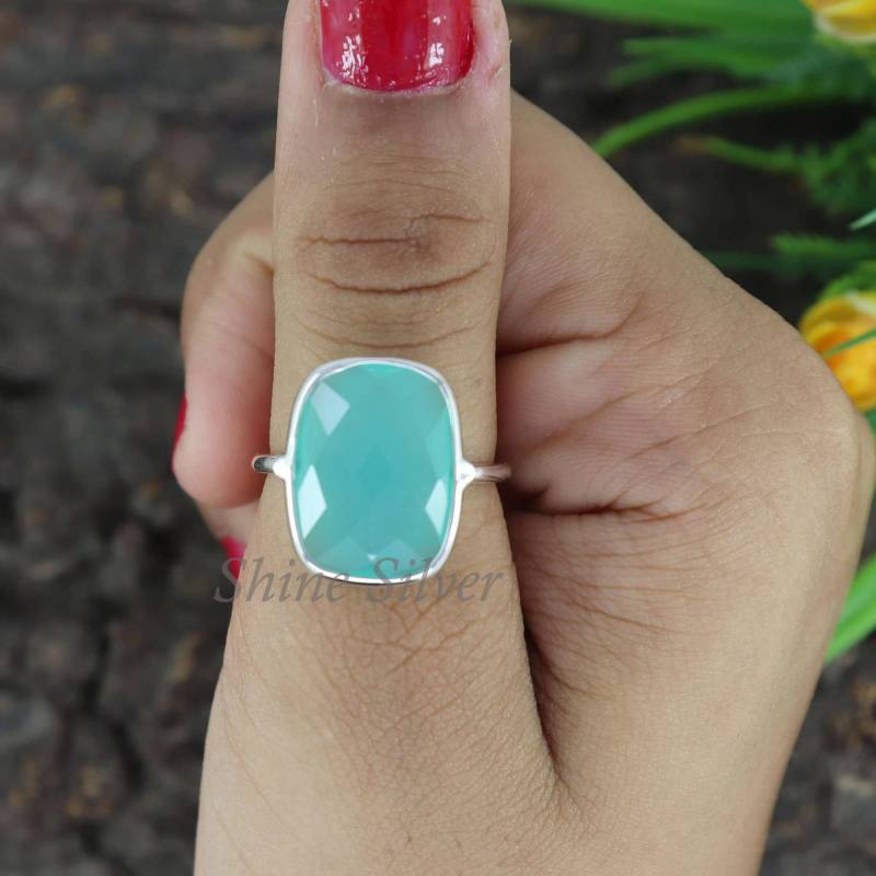 Aqua Chalcedon Ringe, Boho Statement Ring, Calcy Sterling Silber Hand Gefertigter Kissen Ring von ShineSilverIndia