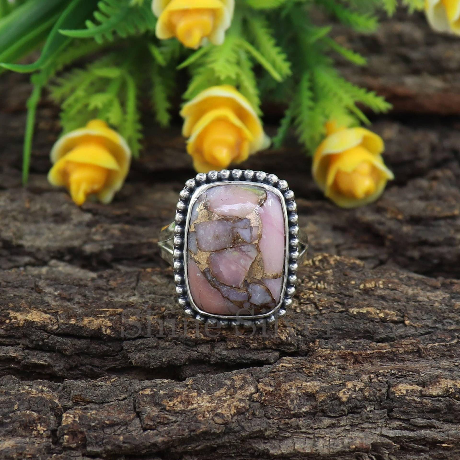 Pink Opal Türkis Kupfer Ring, Sterling Silber Boho Statement Ring Für Frauen von ShineSilverIndia