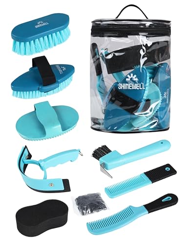 Shinewell Pferdepflegebürsten-Set, 8-teilig, mit Organizer-Tasche, Pferdepflegeserie, Pferdebürsten-Set, Blau von ShineWell