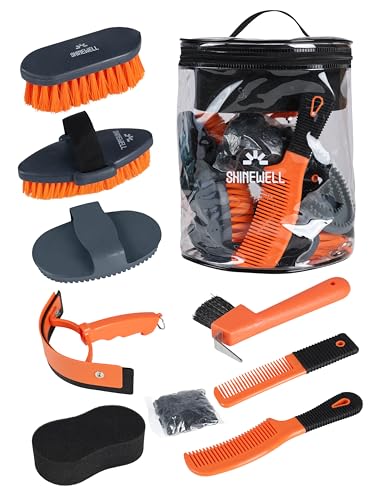 Shinewell Pferdepflegebürsten-Set, 8-teilig, mit Organizer-Tasche, Pferdepflegeserie, Pferdebürsten-Set, Orange von ShineWell