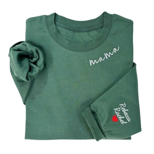 Mama Bestickt Pullover - Benutzerdefiniertes Hemd Mit Kindernamen am Ausschnitt, Herz an den Ärmeln - Schwangerschaft Kapuzenpullover Geschenk für Neue Mutter von Shinedian