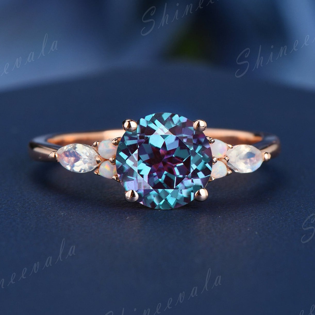 Alexandrit Versprechen Ring Roségold Verlobungsring Mondstein Opal Einzigartig Art Deco Ehering 14K/18K/sterlingsilber von Shineevala