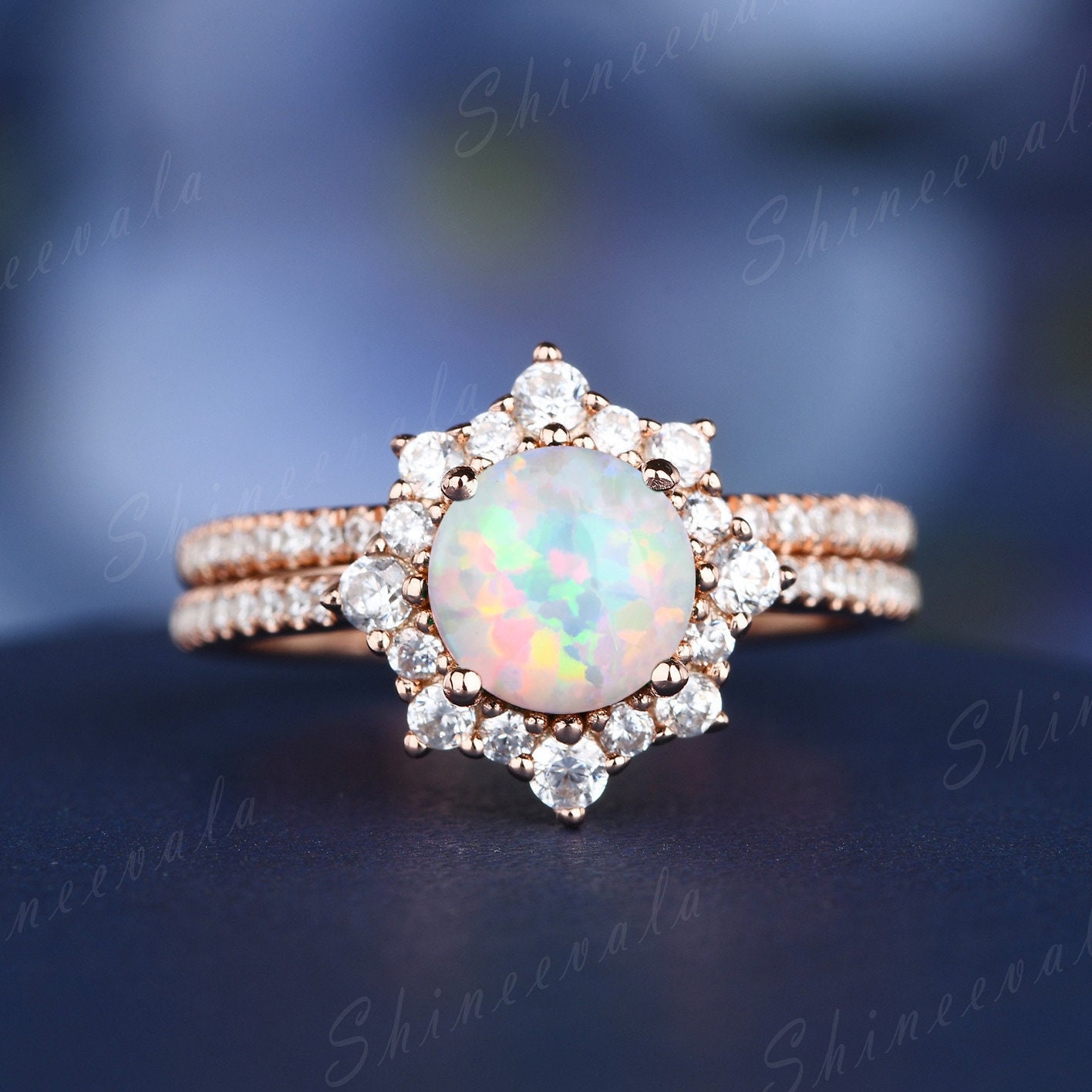 Antik Weiß Opal Verlobungsring Set Rundschliff Feuer Ring Frauen Roségold Ringe Halb Ewigkeit Diamant Eheringe Stapelbar von Shineevala