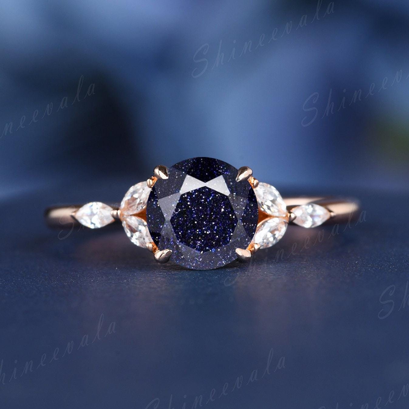 Art Deco Blauer Sandstein Verlobungsring 925 Sterling Silber Marquise Diamant Blume Solitär Ring Personalisierter Für Sie von Shineevala