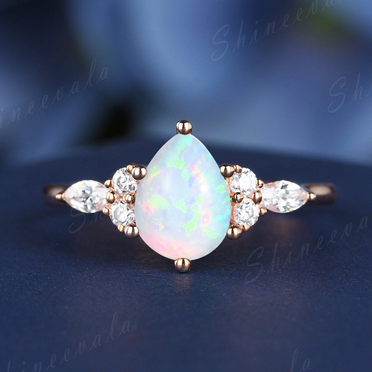 Art Deco Opal Ring, Pear Shaped Diamant Verlobungsring, Sterling Silber Rosé Vergoldet Ring Für Frauen, Sieben Steine von Shineevala