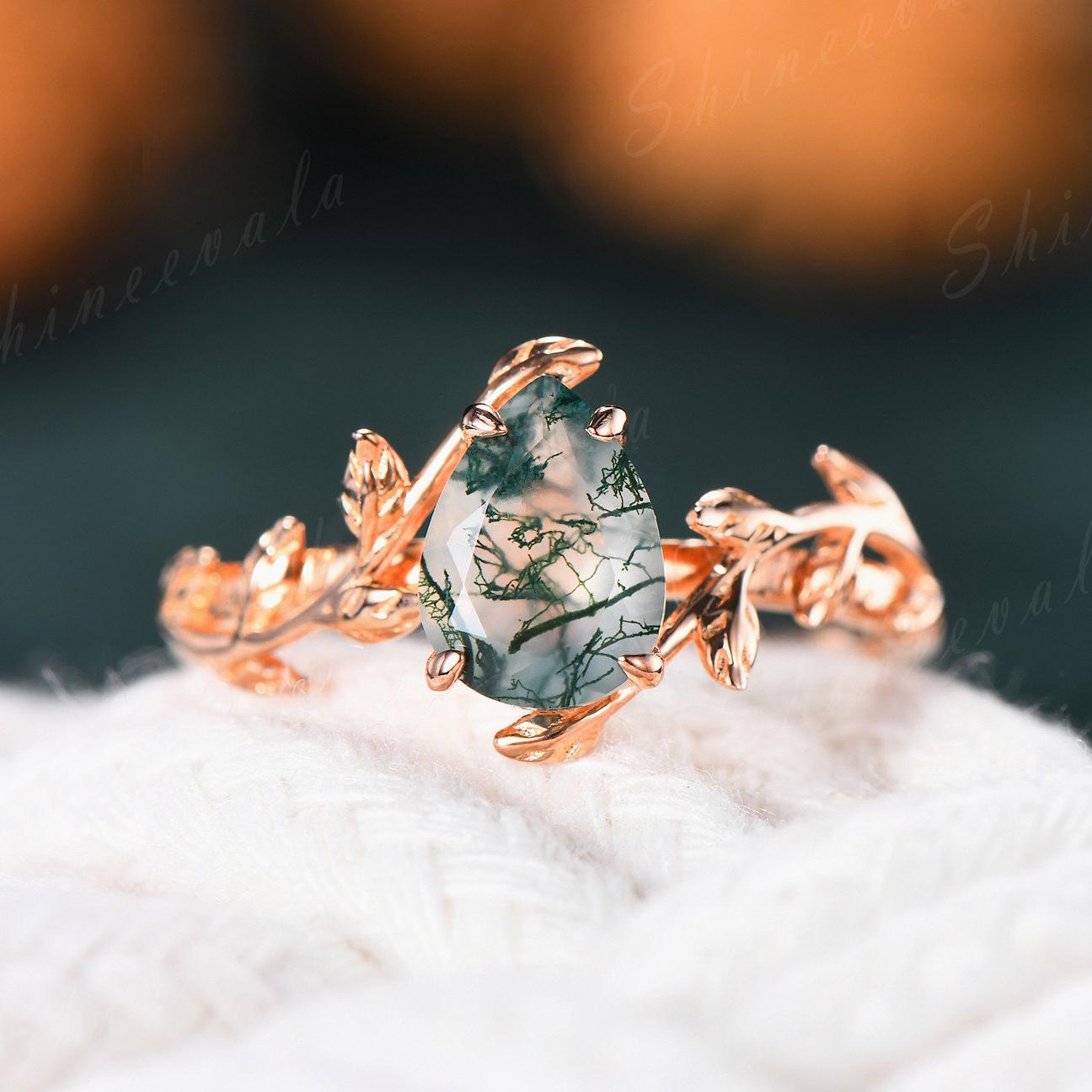 Birne Moos Achat Blatt Ring Alternative Verlobungsring Rose Gold Silber Blume Stil Ehering Inspiriert Heilung Edelstein von Shineevala