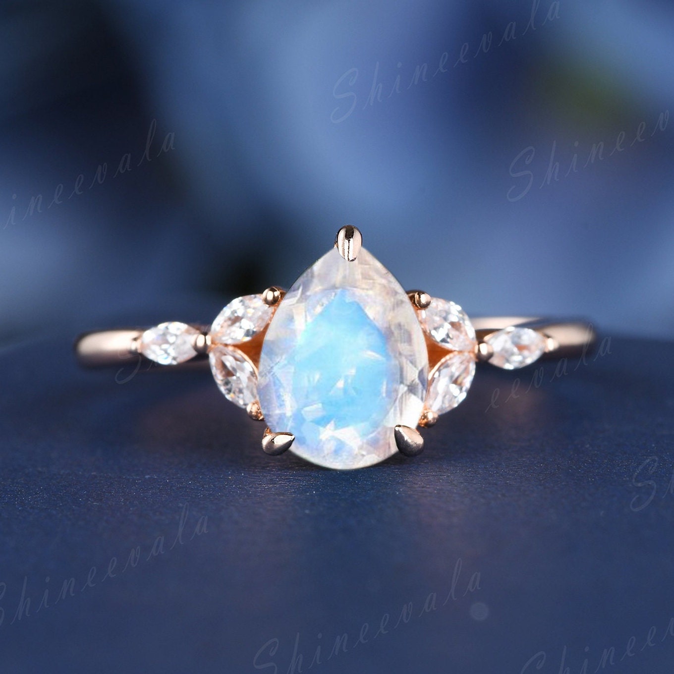 Birnenförmiger Mondstein Versprechen Ring | Rosegold Verlobungsring Art Deco Ehering Moissanit Eternity Jahrestag Geschenk von Shineevala