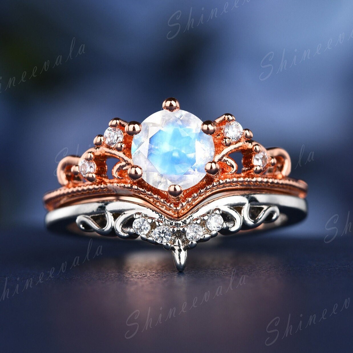 Einzigartige Mondstein Verlobungsring Set Antike Rose Gold Ring Milgrain Ehering Diamant Krone Stapelbar Versprechen Braut von Shineevala