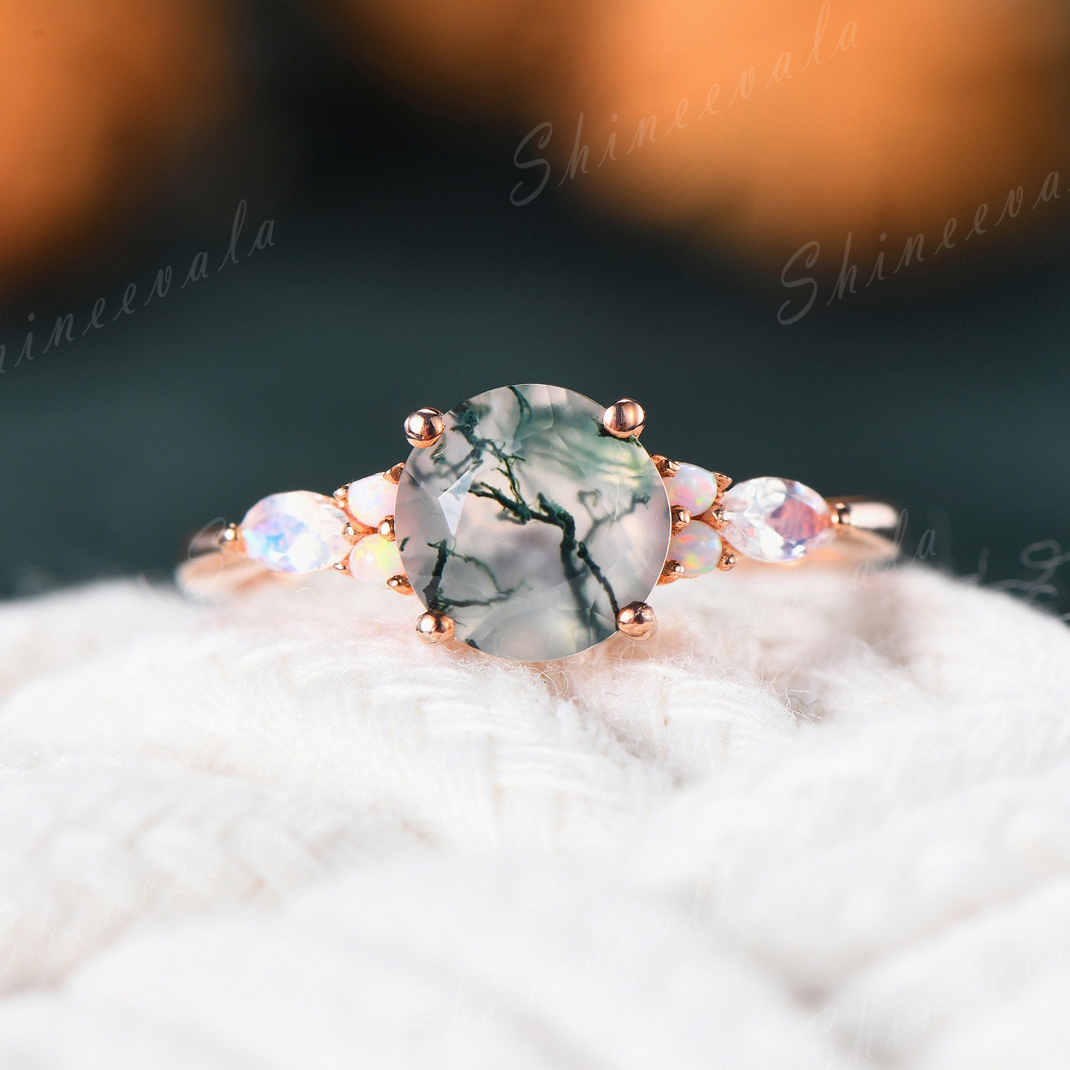 Einzigartige Moos Achat Verlobungsring Frauen Opal Ehering Marquise Schliff Blauer Mondstein Band Solide Rose Gold Grüner Stein Schmuck von Shineevala