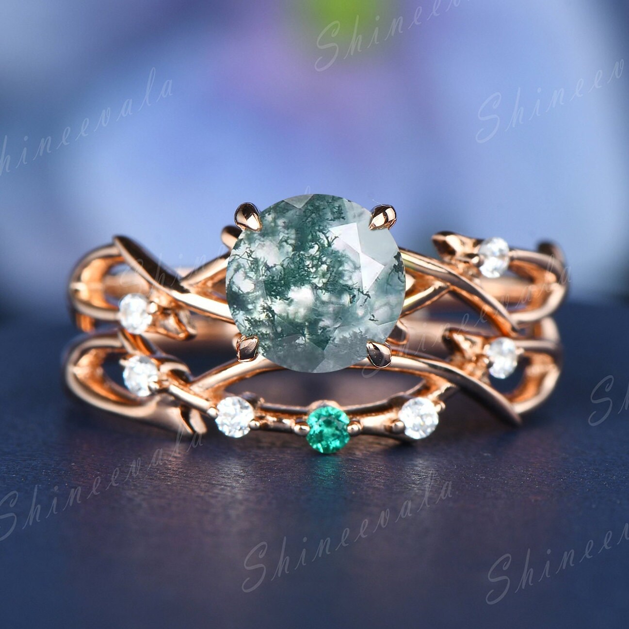 Einzigartiger Ehering Set Damen Rosegold Moos Achat Diamant Eheringe Vintage Floral Infinity Ring Zierliche Solitär Zange von Shineevala