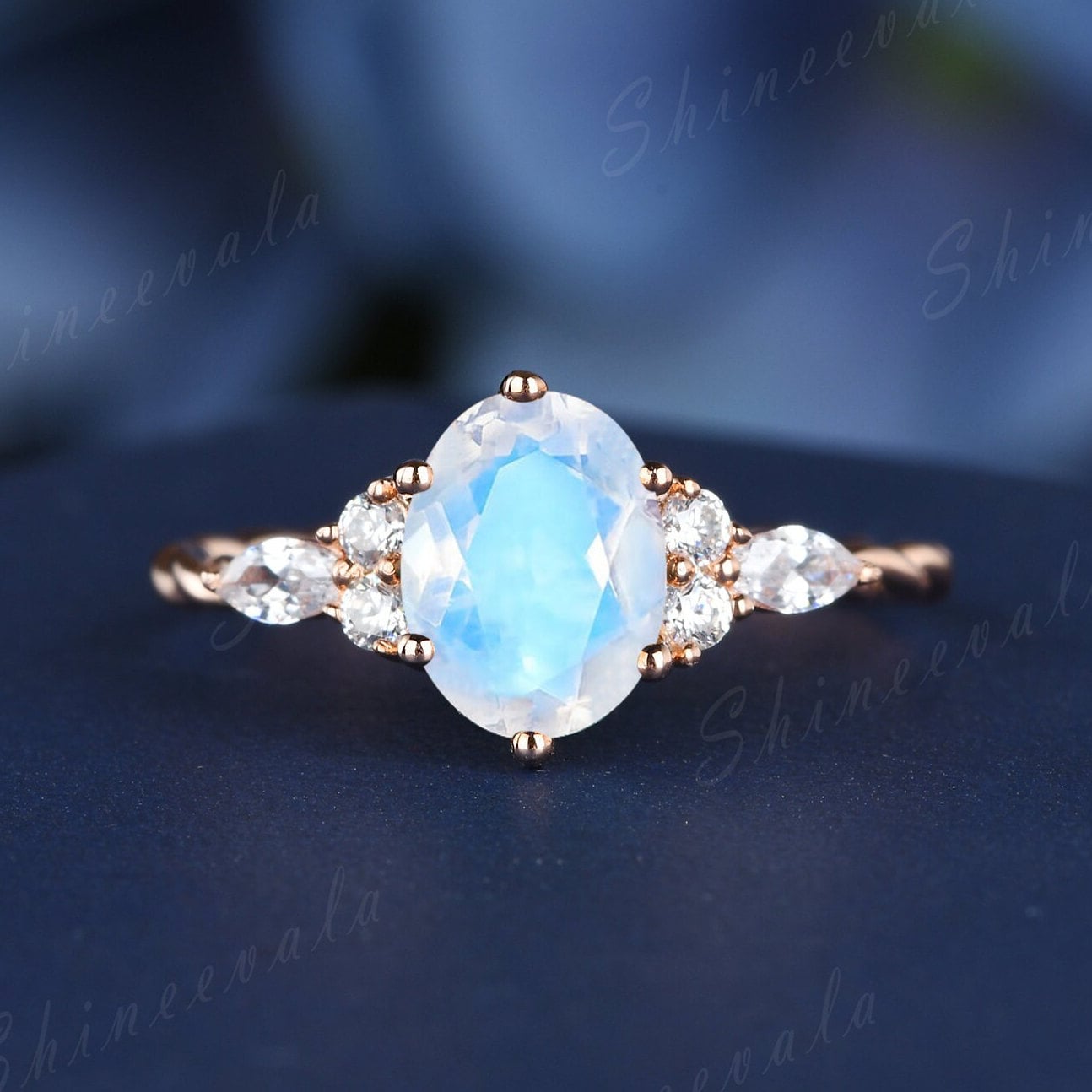 Einzigartiger Ovaler Mondstein Verlobungsring Rosegold Frauen Ring Blau Art Deco Brautring Versprechen Jahrestag Geschenk von Shineevala