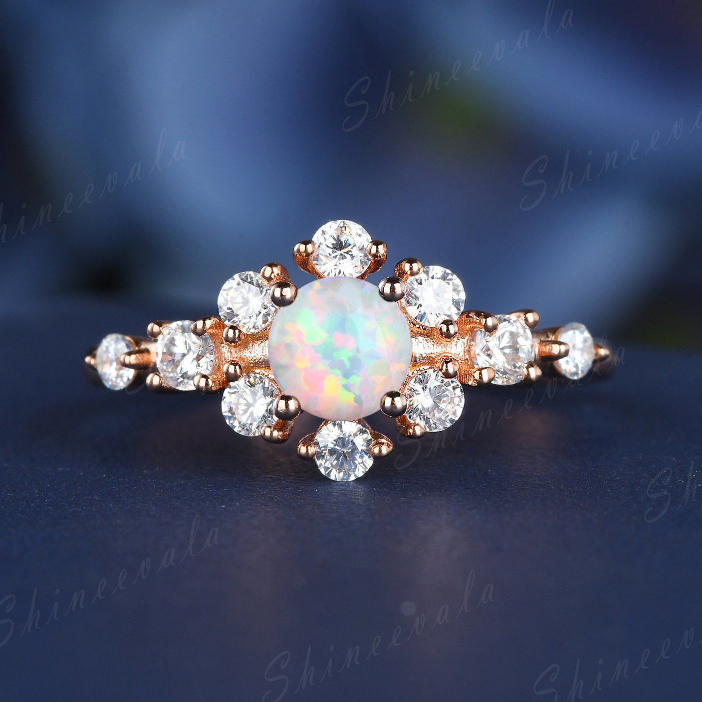 Feuer Opal Moissanit Ring Unikat Gold Silber Verlobungsring Frauen Ehering Cz Diamant Eternity Blume Halo 14K/18K von Shineevala