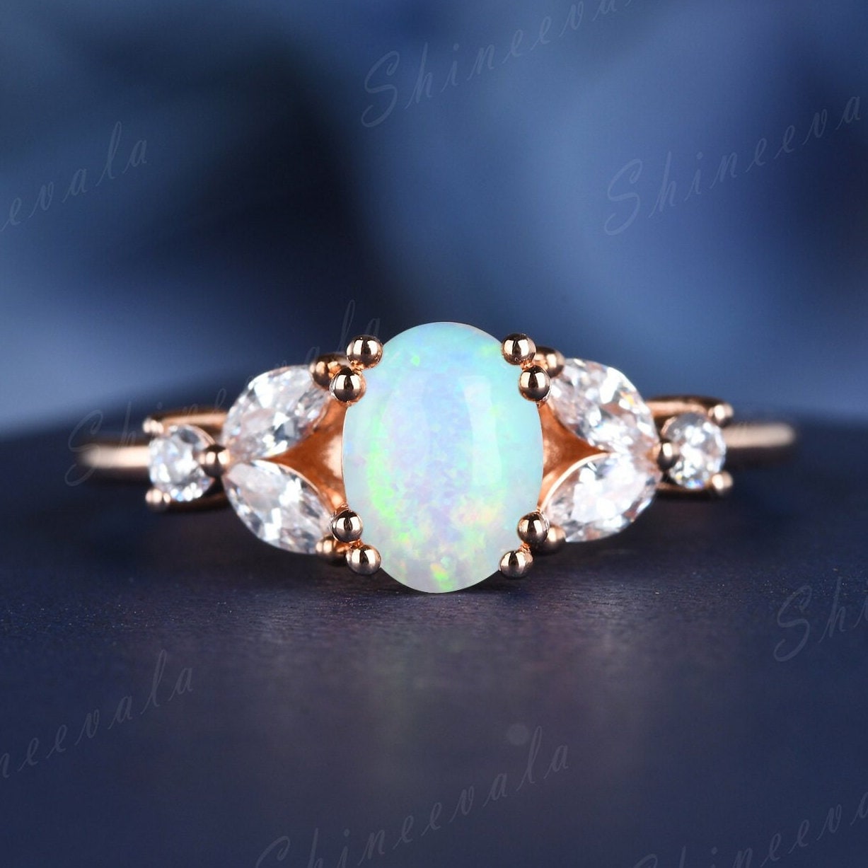 Feueropal Verlobungsring Roségold Opal Ehering Für Frauen Art Deco Marquise Moissanit Eternity Ring Jahrestag Geschenk von Shineevala