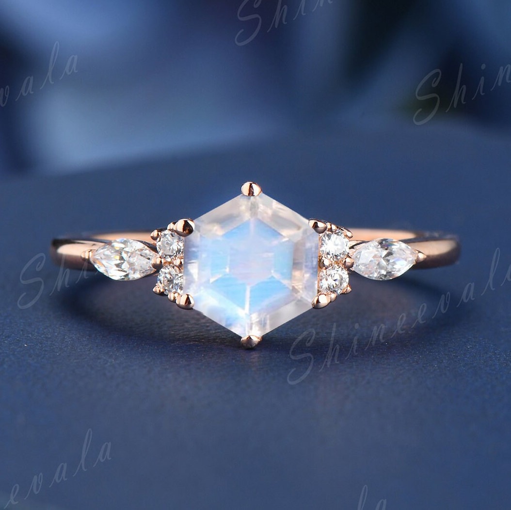 Hexagon Cut Mondstein Ring Sterling Silber Verlobungsring Rose Gold Frauen Versprechen Cluster Diamant Jahrestagsgeschenk von Shineevala
