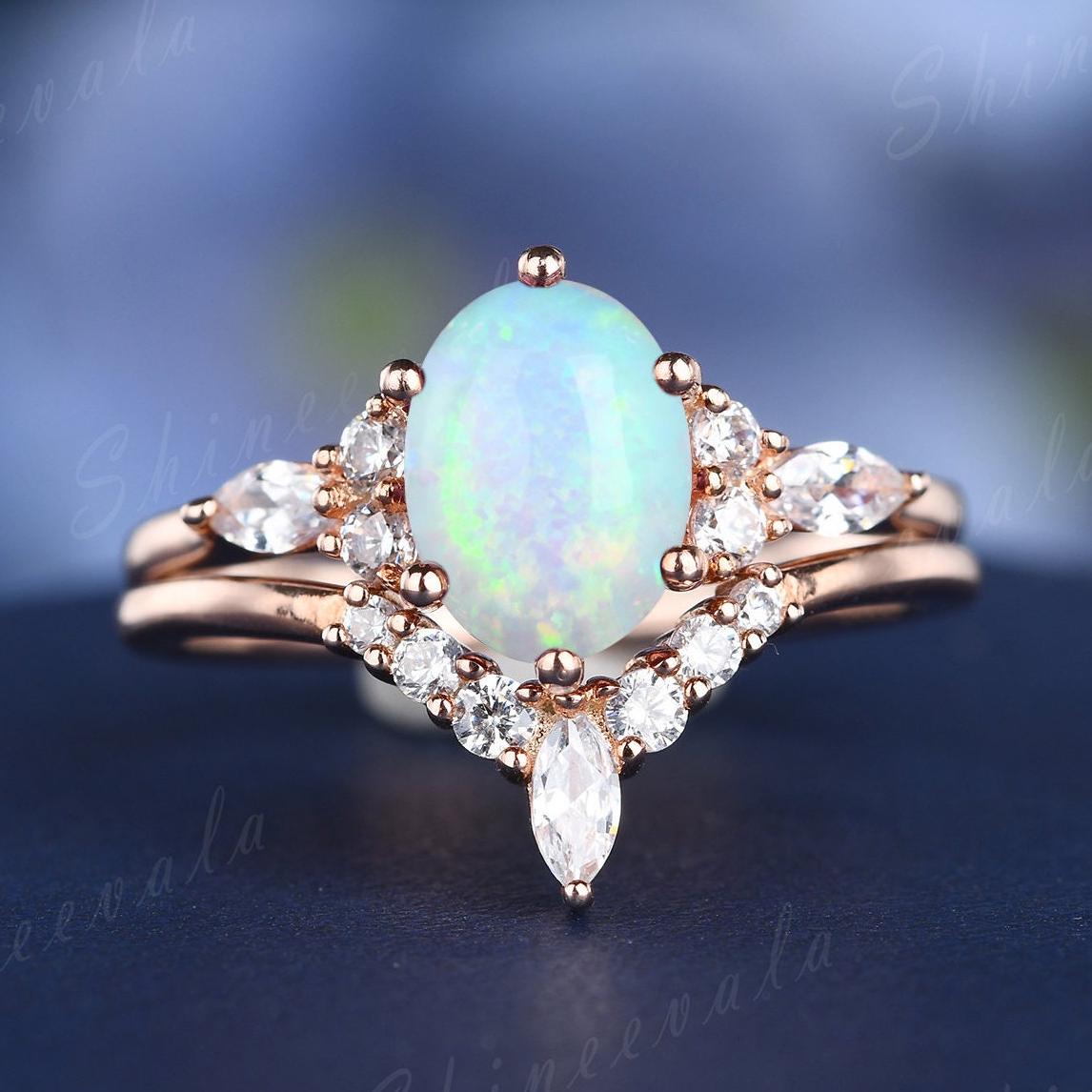 Opal Verlobungsring Set Rosegold Vintage Ehering Moissanit Art Deco Cluster Ring Versprechen Brautring Geschenk von Shineevala