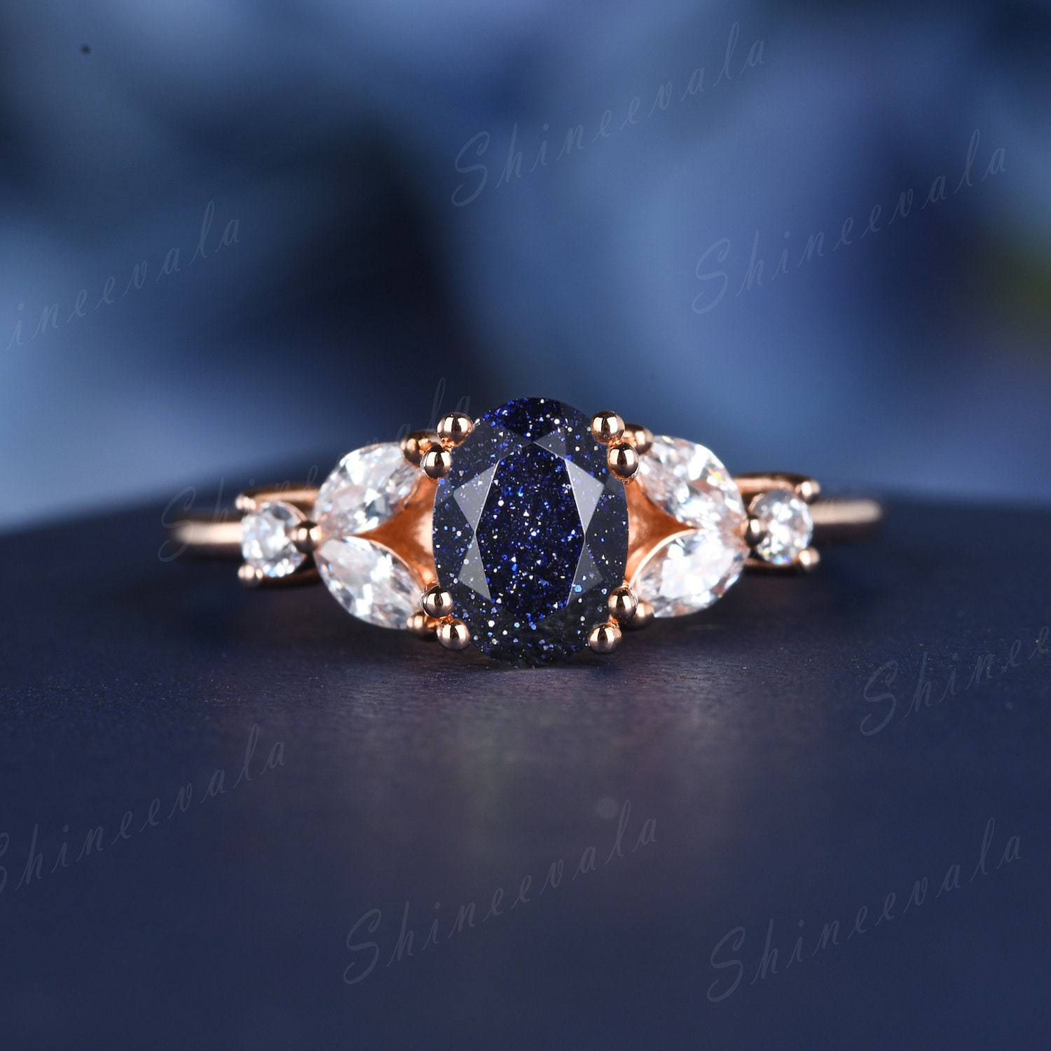 Roségold Blauer Sandstein Verlobungsring Vintage Galaxie Ring Art Deco Diamant Versprechen Blume Frau Jahrestag Geschenke Für Sie von Shineevala