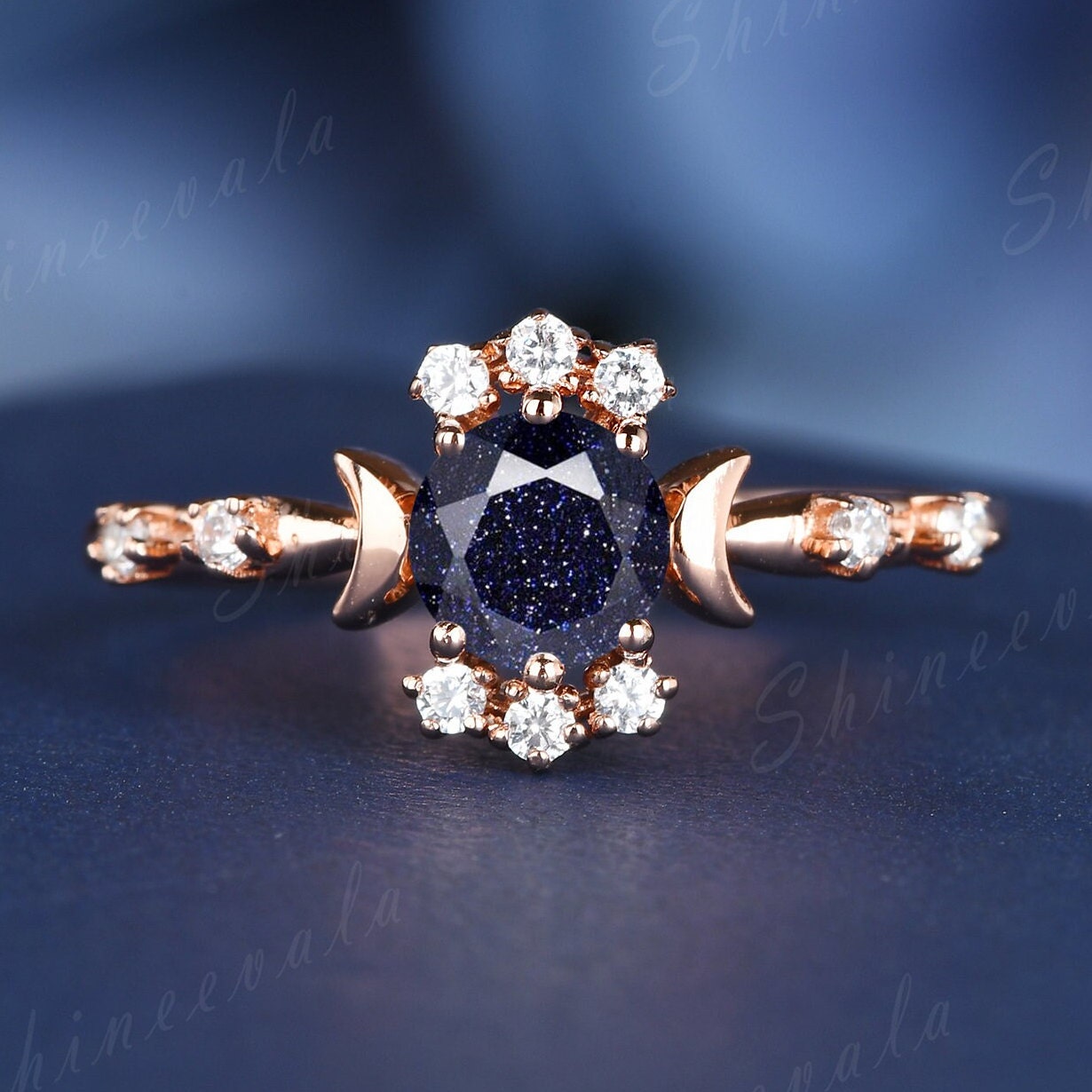 Runder Blauer Sandstein Verlobungsring Für Frauen Einzigartige Goldstone Rose Gold Mond Stern Design Jahrestag Ring Geschenk von Shineevala