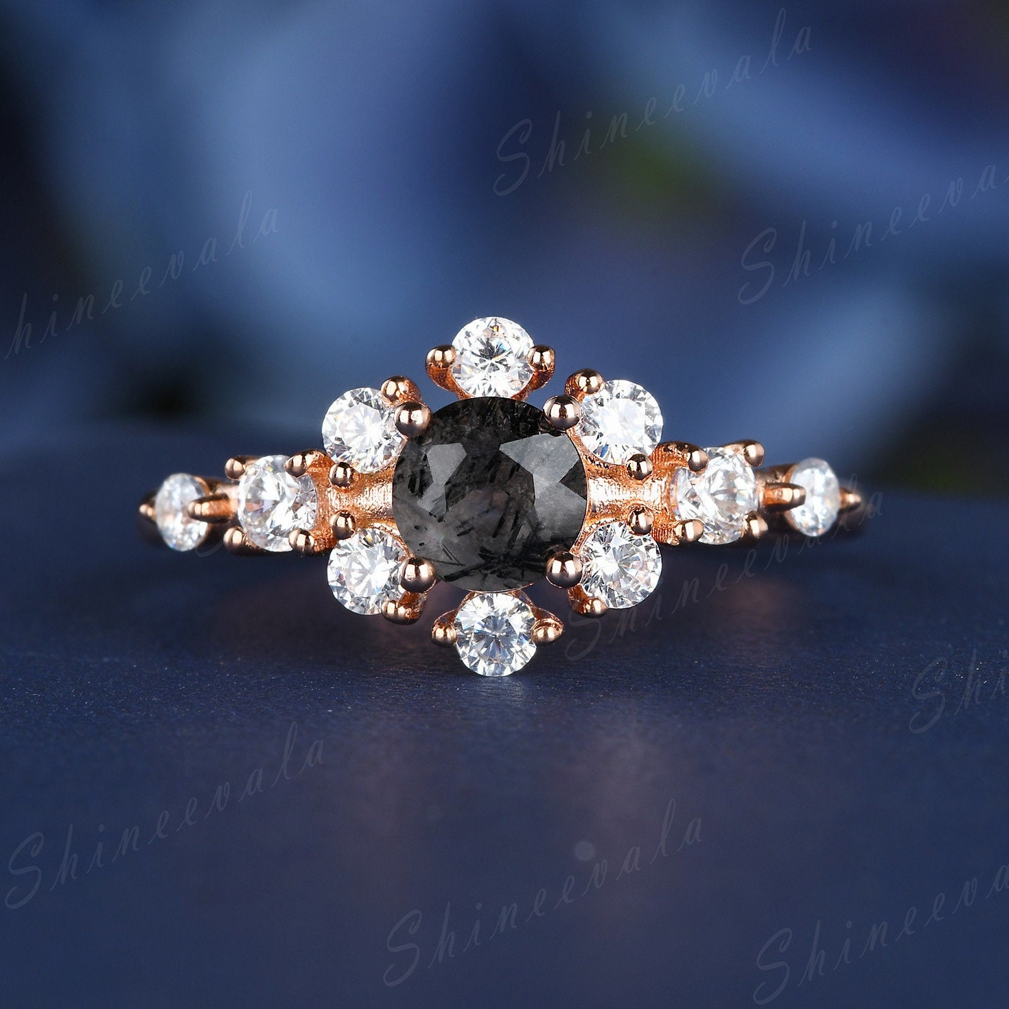 Schwarzer Rutilquarz Diamant Verlobungsring 18K Roségold Ehering Unikat Schwarz Edelstein Versprechen Halo Ring Jahrestag Geschenk von Shineevala