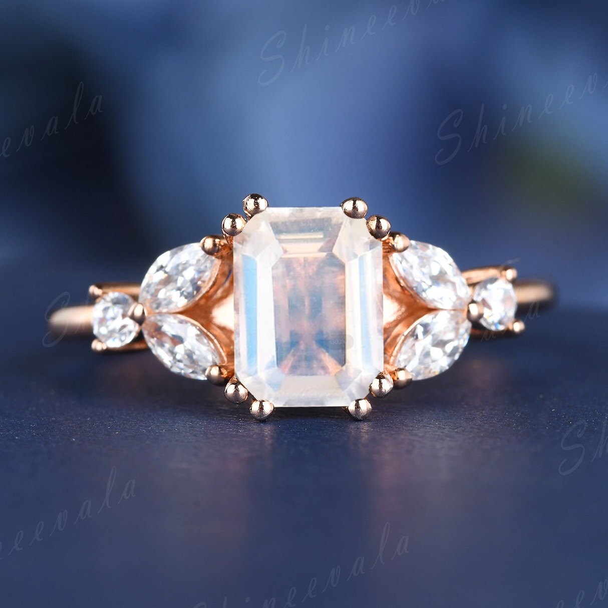 Smaragd Schnitt Mondstein Blume Ring Einzigartige Verlobungsring Marquise Moissanite Versprechen Rosegold Solitär Brautring Geschenk von Shineevala