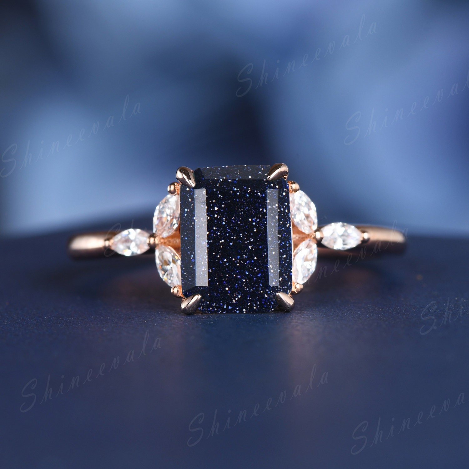 Smaragdschliff Blauer Sandstein Verlobungsring Art Deco Ring Galaxie Marquise Diamant Ehering Unikat Versprechen Für Sie von Shineevala