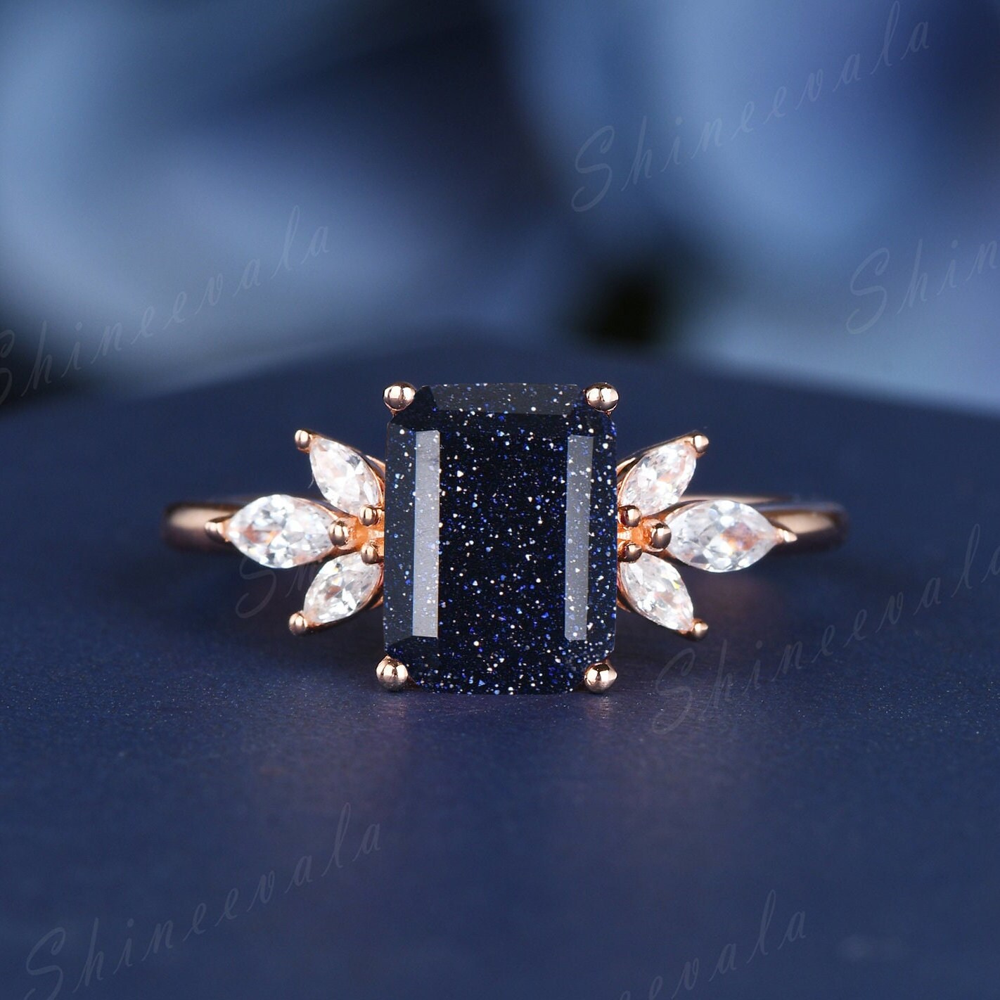 Smaragdschliff Blauer Sandstein Versprechensring Rosegold Art Deco Verlobungsring Diamant Galaxy Ring Marquise Vintage Ringe Jahrestag von Shineevala