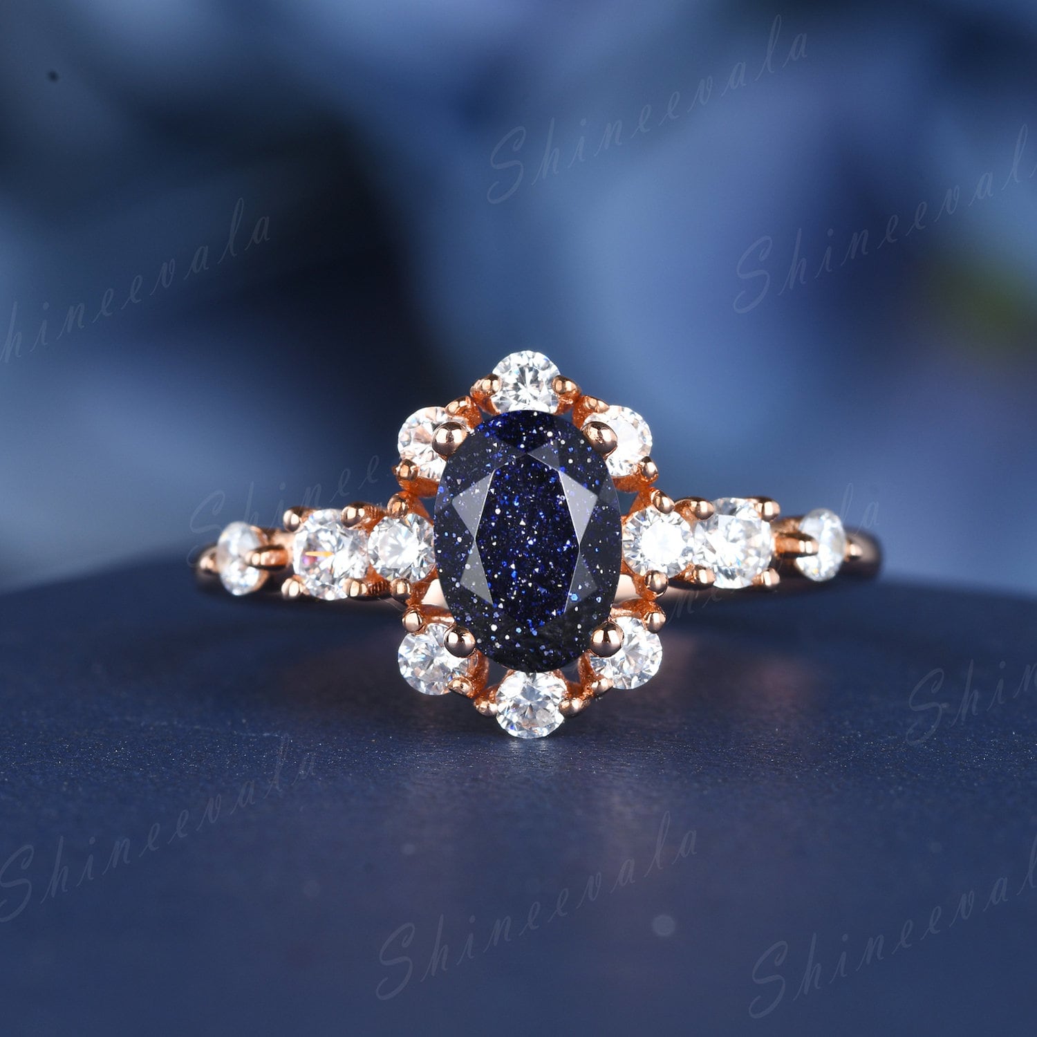 Vintage Oval Blauer Sandstein Ring Rosegold Versprechen Für Frauen Moissanit Halo Galaxie Goldstein Cz Diamant Geschenk Jahrestag von Shineevala