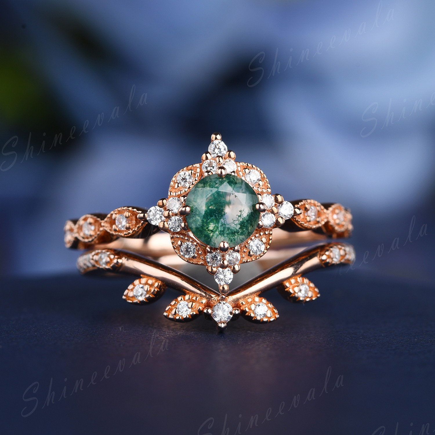Vintage Wassermoos Achat Verlobungsring Rosegold Blumen Art Deco Milgrain Diamant Ehering Handmade Ring von Shineevala