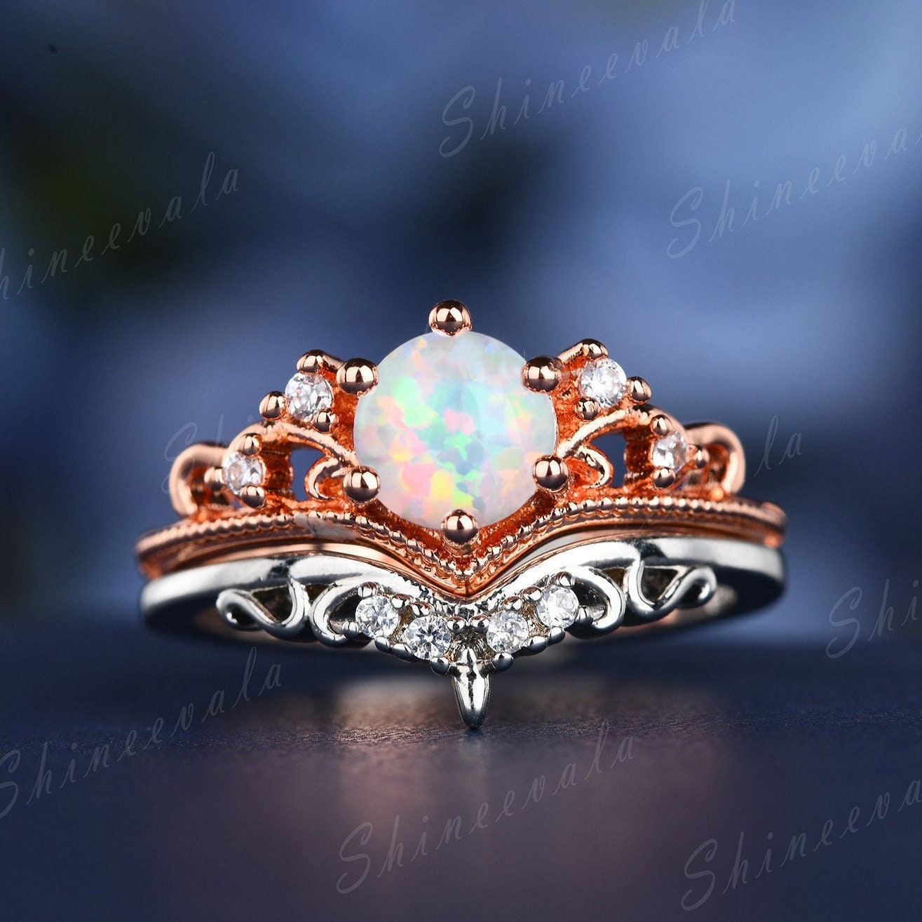 Vintage Weißgold Verlobungsring Set Diamant Opal Roségold Ring Unikat Krone Blume Versprechen Milgrain Personalisierter Für Sie von Shineevala