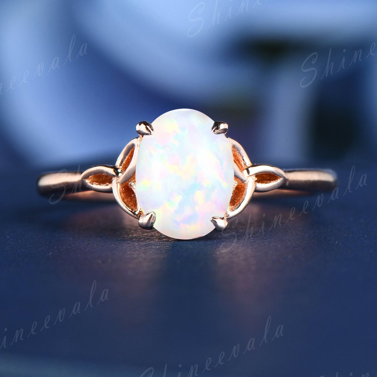 Weißer Opal Roségold Verlobungsring, Silber Ring, Mehrfarbiger Feueropal Ehering, Oktober Birthstone Bowknot Ring von Shineevala