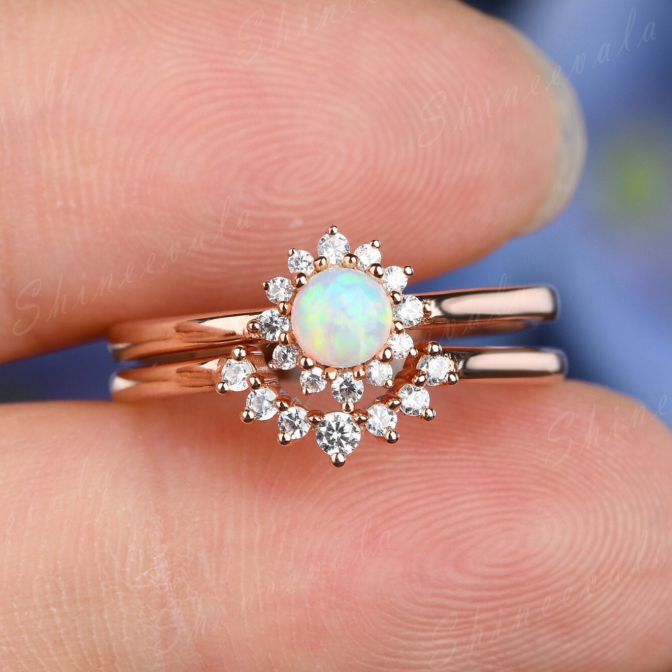 Weißer Opal Verlobungsring Set, Vintage Roségold Ringe Für Frauen, Diamant Stapelbar Band, Oktober Geburtsstein Versprechen Ring, Personalisiert von Shineevala