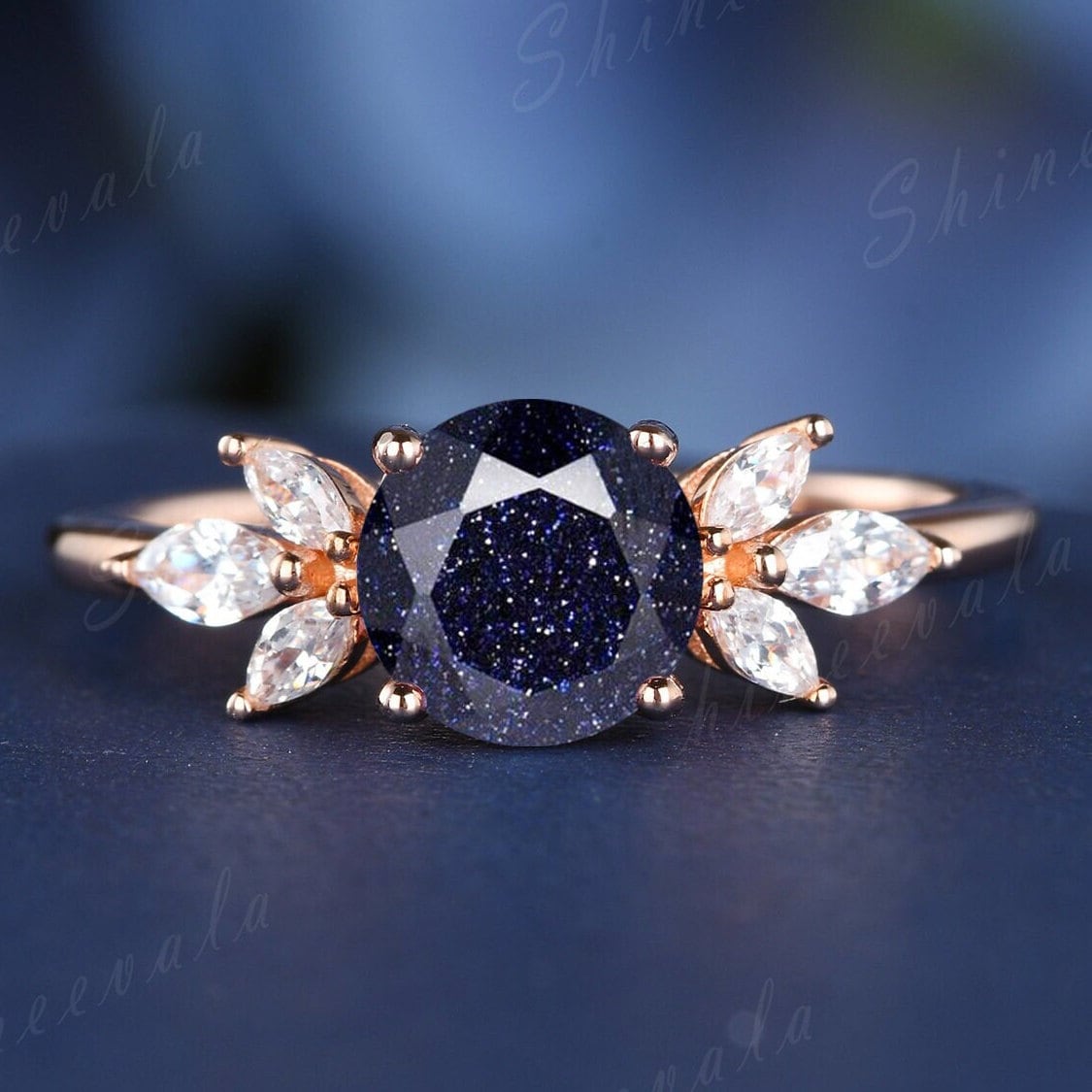 Zierlicher Blauer Sandstein Ring Einzigartige Galaxy Verlobungsring 14K Gold Vermeil Art Deco Marquise Vorschlag Geschenke Für Frauen von Shineevala