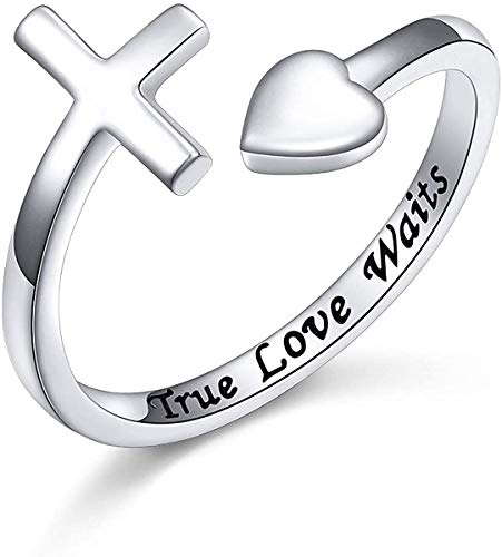Shineyou Personalisierter Glaubensring aus 925er-Sterlingsilber für Damen, verstellbarer Herz-Kreuz-Ring, offener Ring, stapelbar, christlich-religiöser Ring von Shineyou