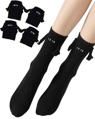 Shinfirst Magnetische Socken zum Halten der Hände, 2 Paar, lustige Socken, Geschenke für Freund, Paar, beste Freunde(Stickerei 2 Schwarz) von Shinfirst