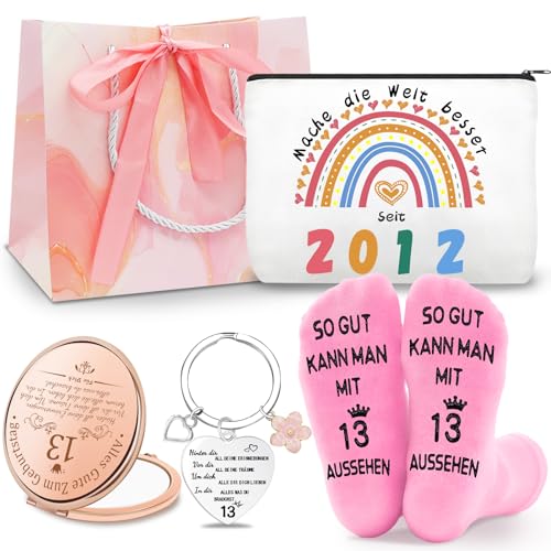 Shining She 13 Geburtstag Mädchen Geschenk Set, Geburtstag Geschenke für 13 Jährige Mädchen mit 2012 Kosmetiktasche, 13. Schlüsselanhänger, 13. Rosa Socken und Kosmetikspiegel Tochter Geschenk von Shining She