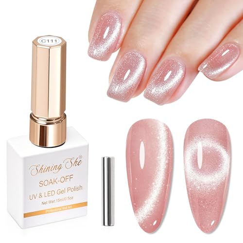 Shining She UV Nagellack Cat Eye, 1PCS Frühling Rosa 9D Holografisch Glitzer Cat Eye UV Gel Nagellack mit Magnet Soak-Off UV Magnetic Nail Polish für Anfänger Nail Art Salon,15ML von Shining She