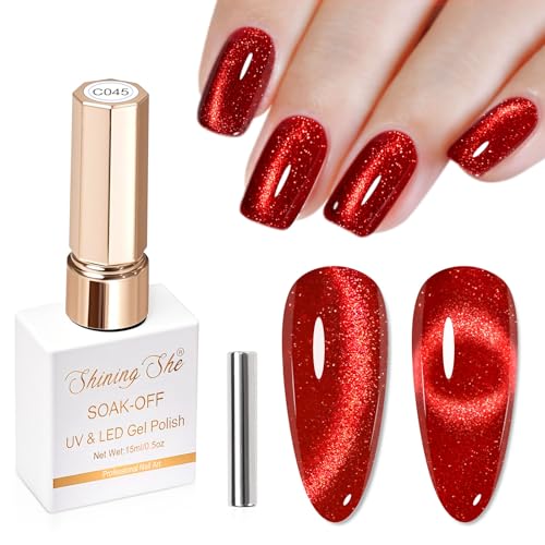 Shining She UV Nagellack Rot Cat Eye, 1PCS Glitzer Rot 9D Holografisch Cat Eye UV Gel Nagellack mit Magnet, Gellack Set Soak-Off UV Magnetic Nail Polish für für Nagelstudio Salon,15ML von Shining She